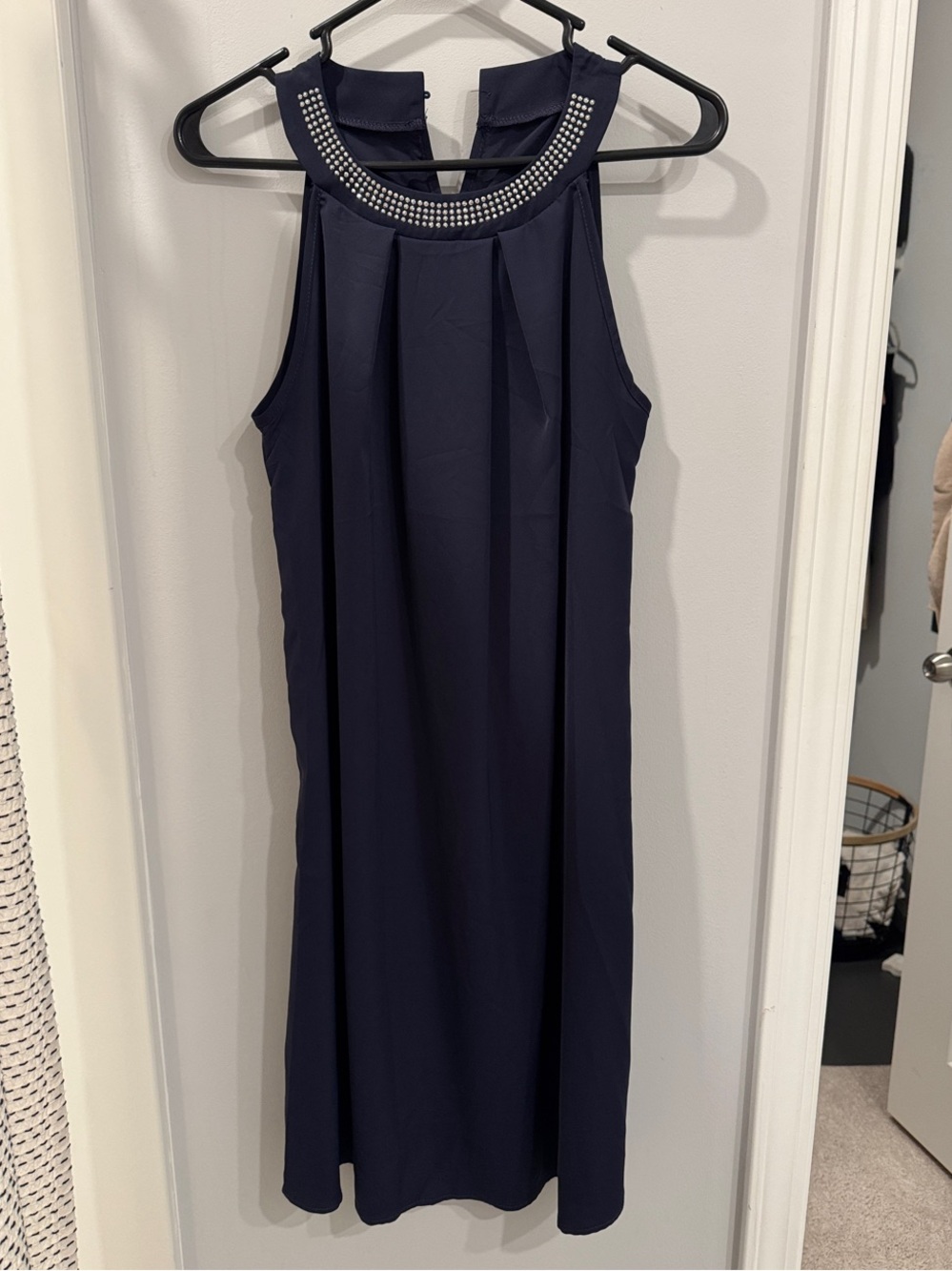 Navy Beaded Halter Mini Dress